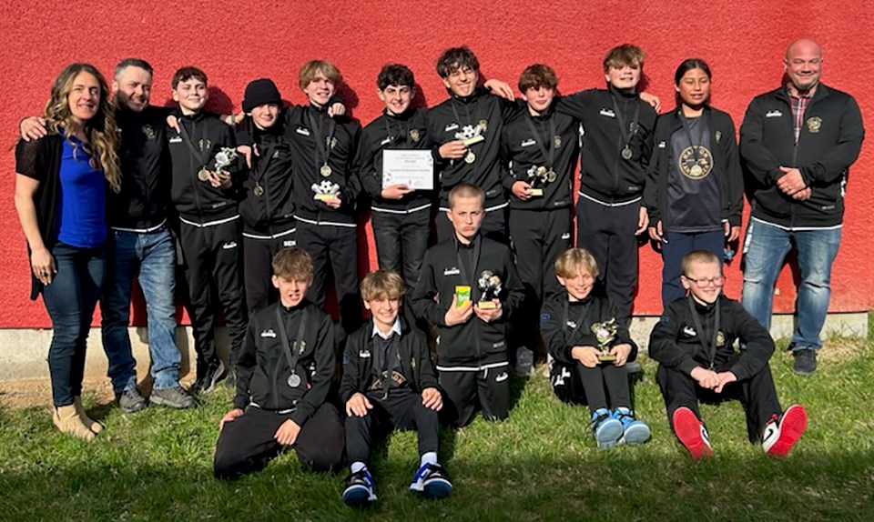 [Back row, from left] Powell River Youth Soccer Association U13 boys manager Diana Caldarone, assistant coach Colin Kernohan, players Calyx Kernohan, Sladen Fitzpatrick, Jessie Cairns, Lynden Caldarone-Findlay, Adrian Tom, Luca Peirano, Kyle Veenhof, Alexander Sutcliffe and head coach Andrew Messner. [Front row, from left] Zevon Matthews, Eric Yurich, Brayden Messner, Wren Barfoot and Xander Longstaffe.