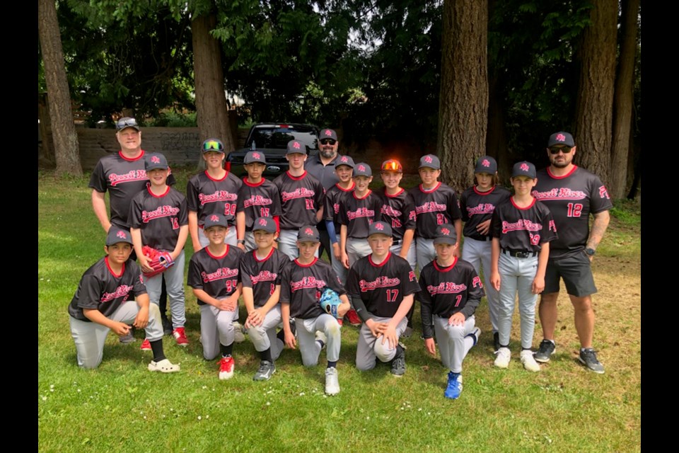Powell River Minor Baseball Association U13 team includes [back row, from left] coaches Chris Carlos, Mike Doxsee and Garret Gentile. In the middle row [from left] are players Connor Gustafson, Griffin Fraser, Skyler Bedard, Milo DeWolfe, Max Turner, Jordan Barrows, Blake Lefler, Declan Paul, Riley Ellwyn and Zach Labree. In the front row [from left] are Myles Rockwell, Jackson Parsons, Neddy Hender, Tye Doxsee, Greyson Carlos and Alex Devlin.