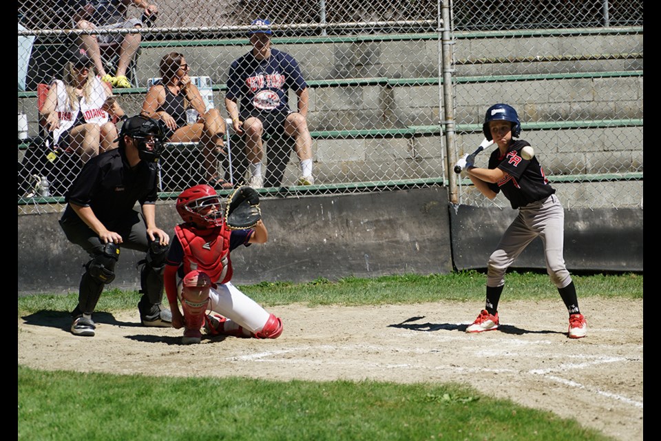 AT BAT: Powell River Minor Baseball’s under 13 team played a doubleheader against a team from Campbell River on July 12 at DA Evans Park, braving hot conditions. At bat is Jackson Parsons.                               