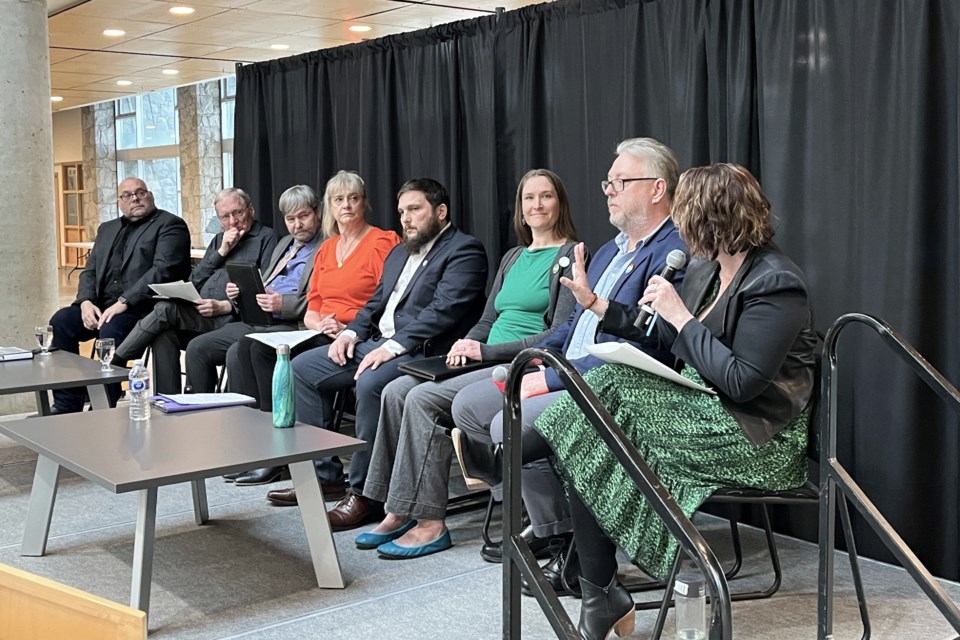 Cariboo-Prince George all-candidates forum moderator Fiona MacDonald (right) explains the rules to (from left) Conservative candidate Todd Doherty, Christian Heritage candidate Jake Wiens, independent candidate Kenneth B. Thomson, NDP candidate Angie Bonazzo, People's Party candidate Rudy Sans, Green Party candidate Jodie Capling and Liberal candidate Clinton Emslie at UNBC's Winter Garden on Tuesday, April 22, 2025.