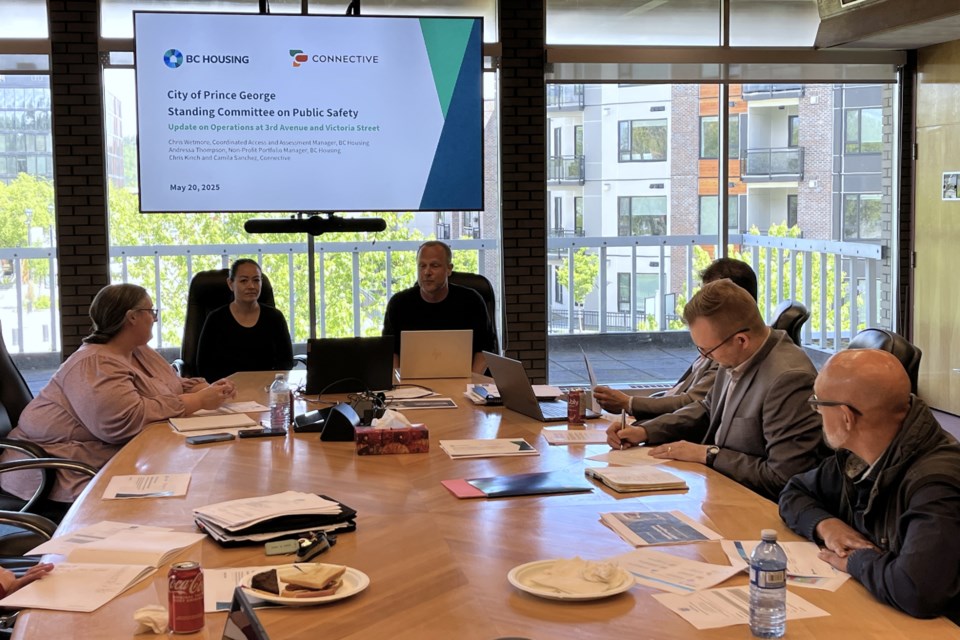 Andressa Thompson and Chris Wetmore of BC Housing present to Prince George's Standing Committee on Public Safety in a second-floor city hall conference room on Tuesday, May 20, 2025.