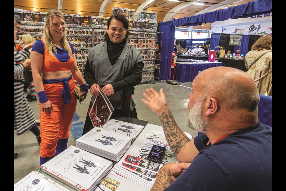 Dragon Ball Z fans Nicole Hart (Goku) and Bryan Lopez (Goku Black), traveled from Kelowna to attend Northern FanCon on Saturday, May 4, 2024 at the CN Centre in Prince George, B.C. The two cosplayers spent sometime discussing Star Wars costumes with Jason Medhurst of the 501st Legion.

