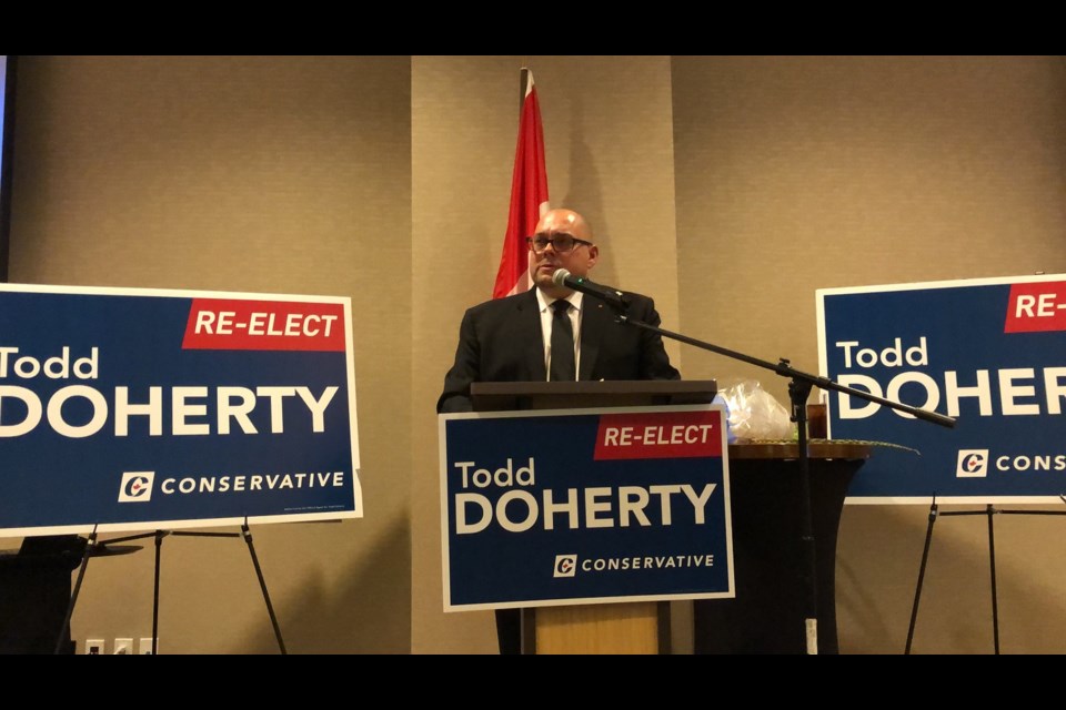 Todd Doherty making his speech after winning his second term as the Conservative MP for Cariboo-Prince George (via Kyle Balzer)