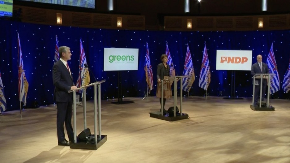 BC party leaders John Horgan Andrew Wilkinson Sonia Furstenau debate 1