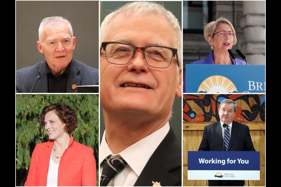 [Clockwise from top left] NDP MLAs Scott Fraser, Doug Donaldson, Judy Darcy, Shane Simpson and Michelle Mungall are not seeking re-election for B.C. in 2020-21. (via PrinceGeorgeMatters, Flickr/Province of B.C.)