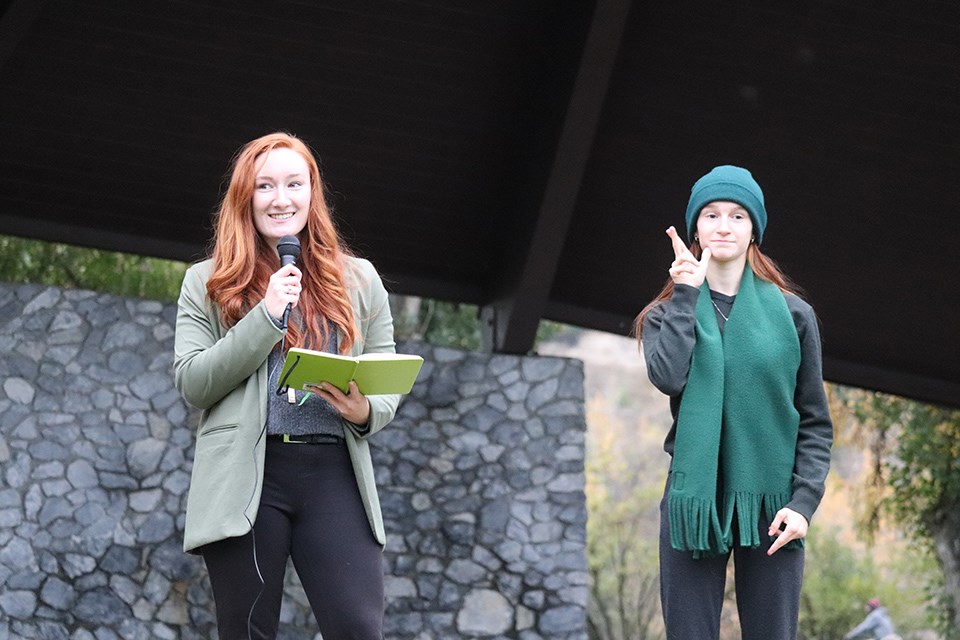 Mackenzie Kerr Campaign kickoff event at Lheildi T'enneh Memorial Park. Kerr's sister Jocelyn, a student ASL interpreter, signed the speech. (via Hanna Petersen)