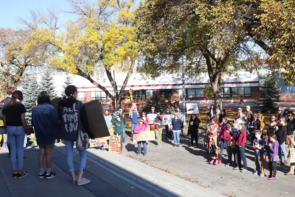 Prince George residents, young and old, took part in Global Climate Strike week starting Sept. 20, 2019, calling for action on climate change on the steps of City Hall (via Kyle Balzer)