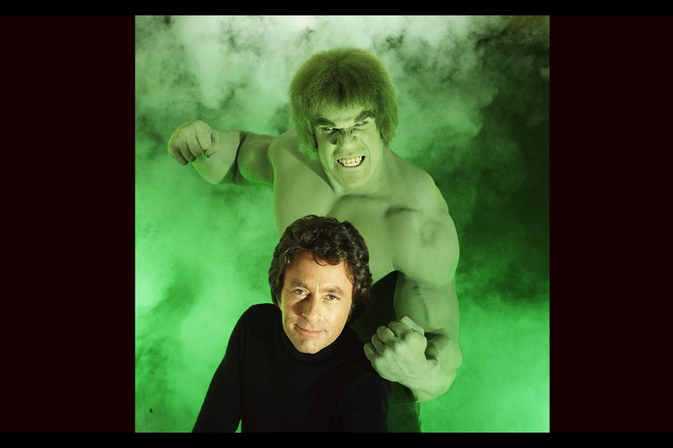 Lou Ferrigno is dressed in green as TV's The Incredible Hulk, the alter-ego of Bill Baxby's Dr. Bruce Banner (via IMDB)