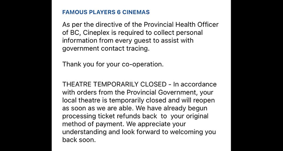 Prince George Cineplex closure - Nov. 24, 2020