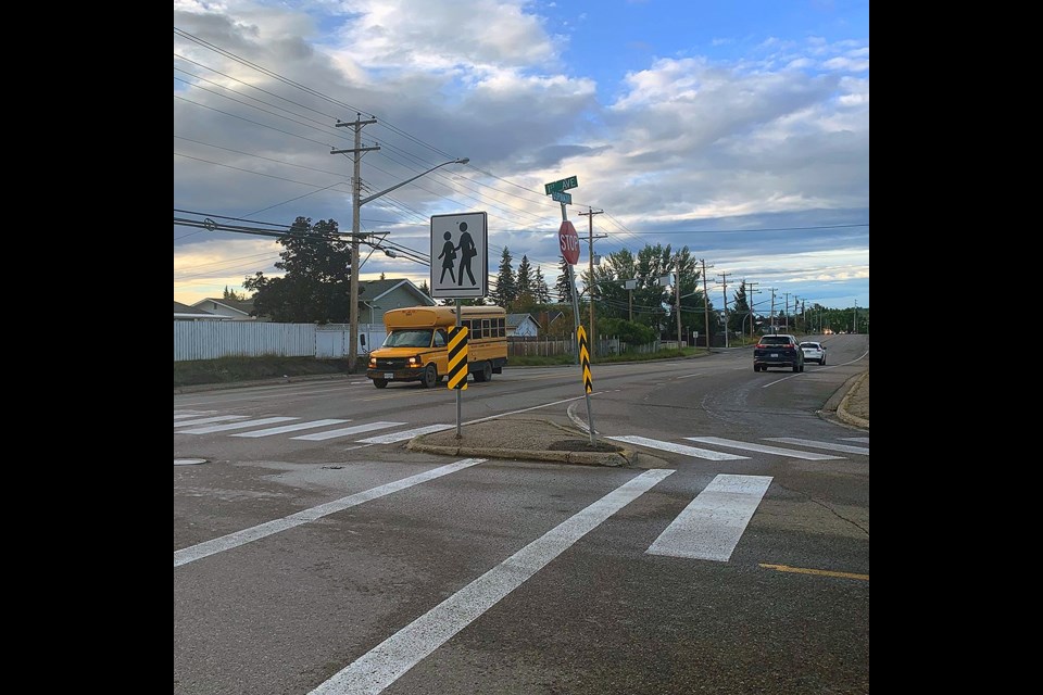A rectangular rapid flashing beacon will now be installed at Ospika Boulevard and First Avenue to improve safety. (via City of Prince George)