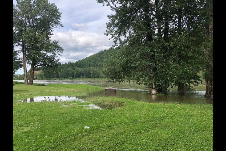 Paddlewheel Park in Prince George is flooded by rising water levels along the Fraser River in June 2020. (via Hanna Petersen, PrinceGeorgeMatters)