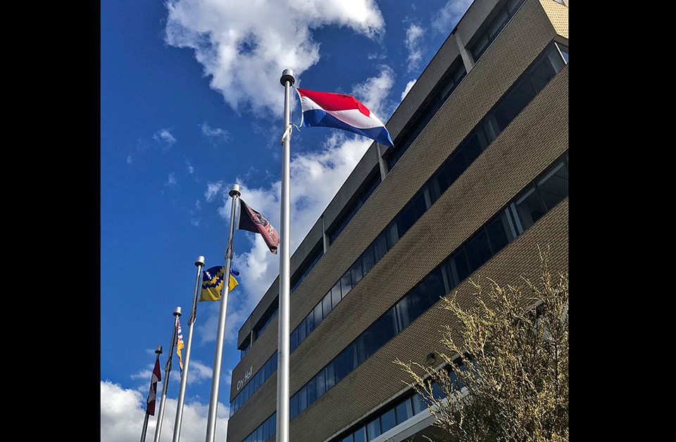 The flag of The Netherlands flies at Prince George city hall on May 5, 2020 to mark the 75th anniversary of the country's liberation. (via City of Prince George)