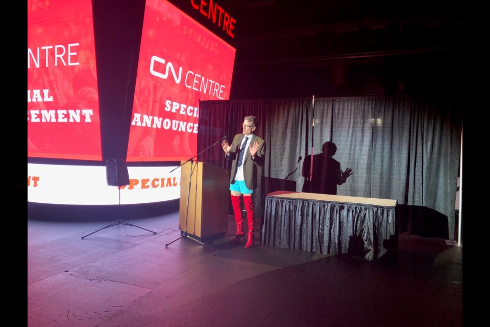 CN Centre Manager Glen Mikkelsen was known for his theatrics and whimsical style of unveiling new Prince George shows, seen here for the announcement of Kinky Bootson March 22, 2019. | Hanna Petersen, PrinceGeorgeMatters