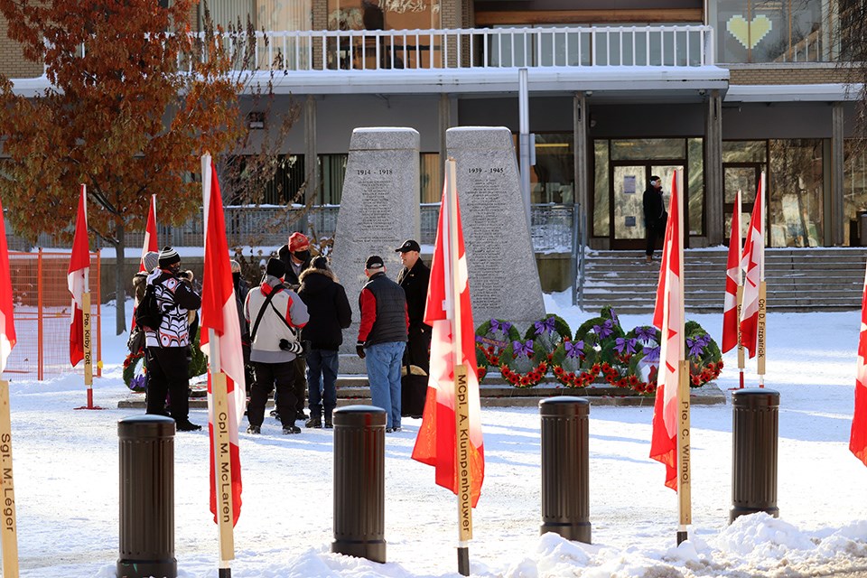 Wreaths are placed at the Prince George Cenotaph on Remembrance Day 2020 in a virtual and distanced, COVID-19 appropriate ceremony. (via Kyle Balzer, PrinceGeorgeMatters)