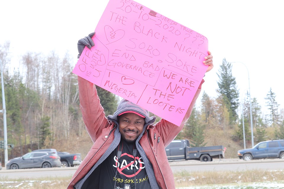 'I believe we as Nigerians that are here we would love to represent our society and speak up for them" says protester Jibola  (via Hanna Petersen)