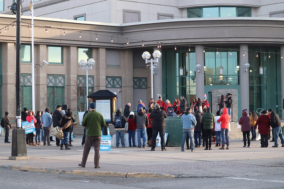 'Rally for the River' took place at the Prince George Courthouse as Saik'uz and Stellat'en First Nations take legal proceedings against Rio Tino for the construction of the Kenny Dam. (via Hanna Petersen)