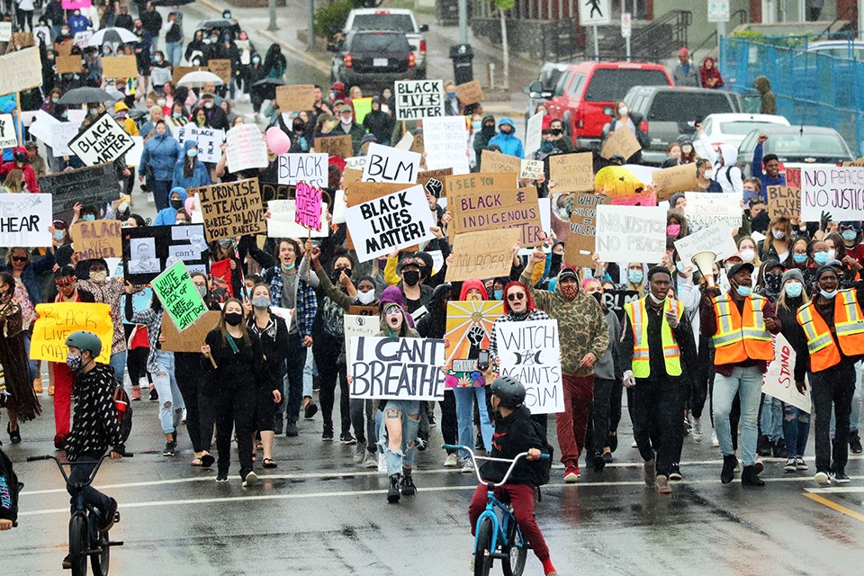 Hundreds took to the streets during the first Black Lives Matters protest in Prince George. (via Jess Fedigan, PrinceGeorgeMatters)