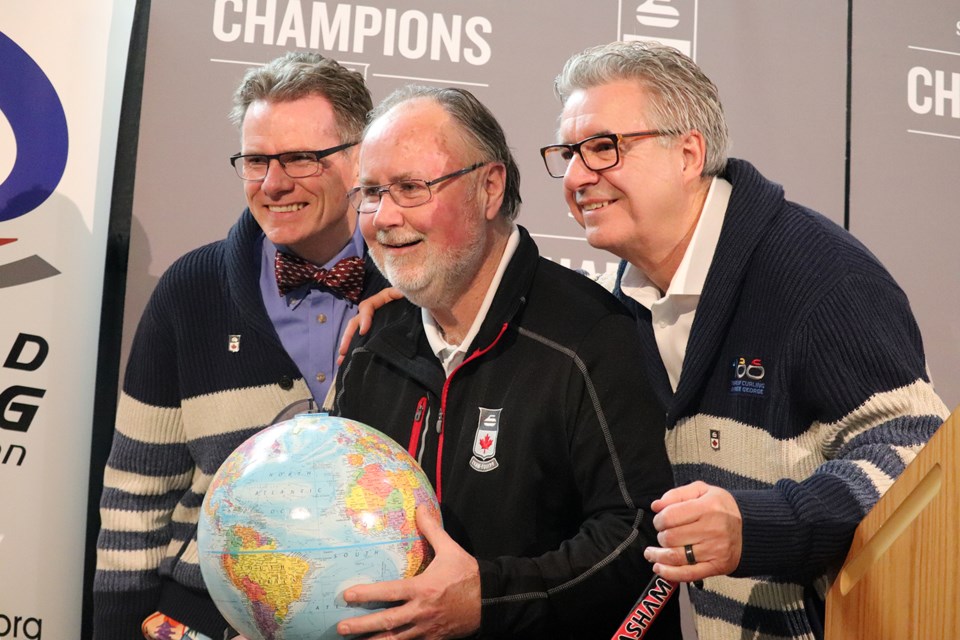 Vice-Chair of the Prince George Host Committee Glen Mikkelsen alongside Prince George curler Gerry Peckham and Prince George Mayor Lyn Hall. (via Jessica Fedigan)