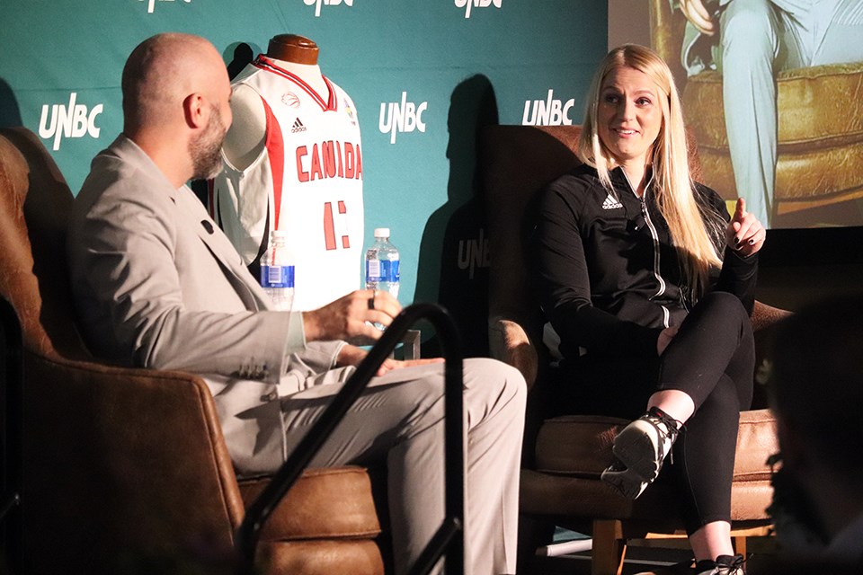 UNBC Athletics Sports Information Officer Rich Abney (left) and Former UNBC Timberwolves women's basketball star and Canadian National Wheelchair Basketball Team member Kady Dandeneau. (via Jess Fedigan)