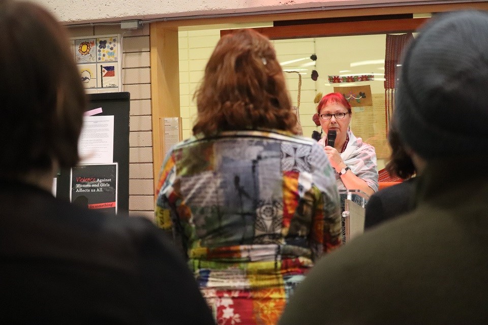 Lheidli T'enneh elder Darlene McIntosh welcomed guests at Prince George's recognition of the 1989 Montreal Massacre's 30th anniversary (via Kyle Balzer)