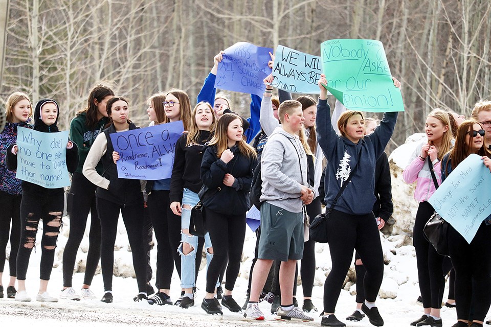 Students changed outside Kelly Road Secondary School today after SD 57 approved to rename Kelly Road to the Dakelh name Shas ti Secondary School. (via Jess Fedigan)