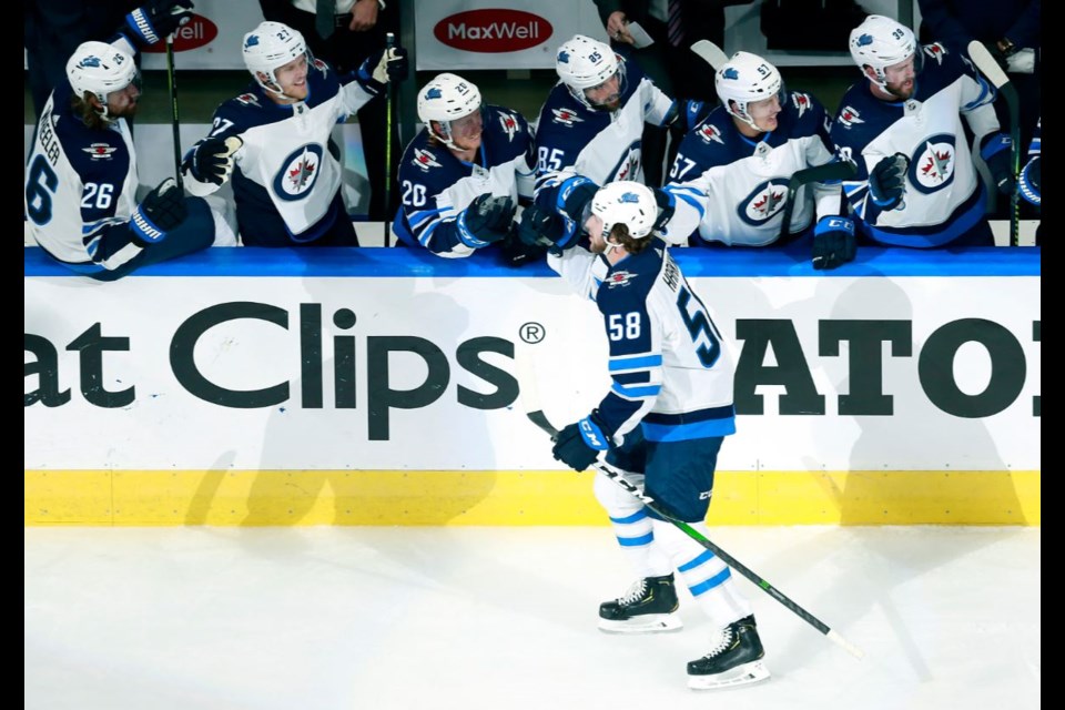 Jansen Harkins scored his first NHL postseason goal in Game 2 of the 2020 Stanley Cup Playoffs against the Calgary Flames. (via Winnipeg Jets/Twitter)