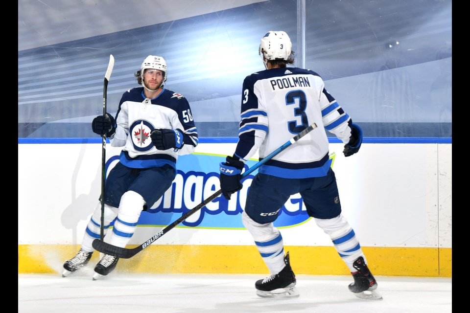 Former Prince George Cougar Jansen Harkins celebrates his first career NHL playoff goal on Aug. 3, 2020 for the Winnipeg Jets against Calgary. (via Winnipeg Jets)