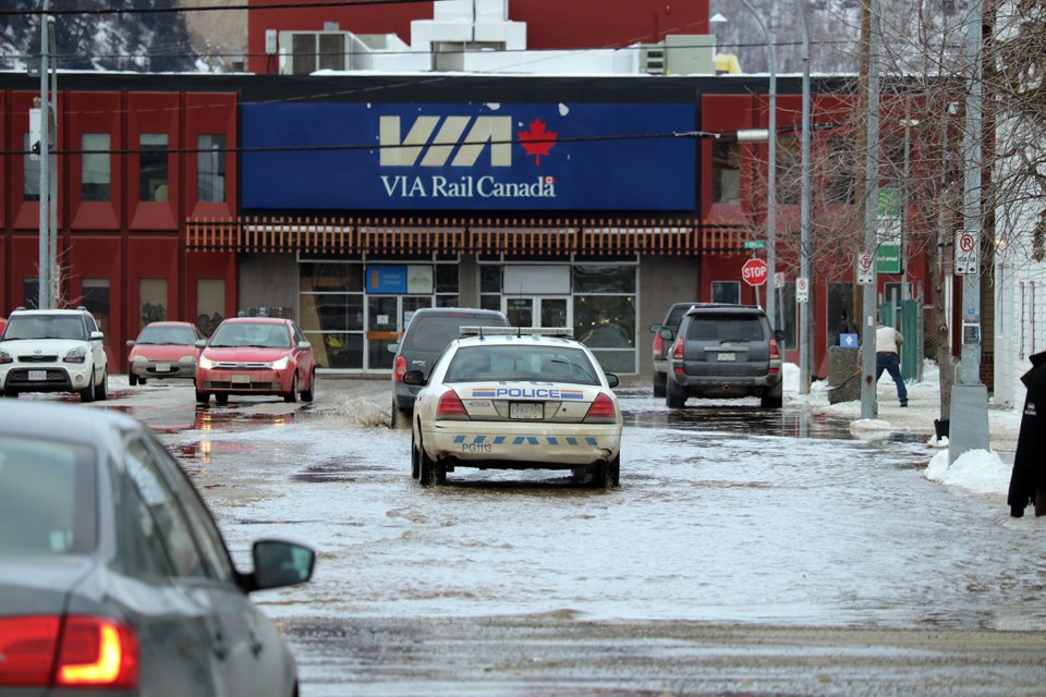 A water main burst has flooded multiple intersections in Prince George. (via Jessica Fedigan)