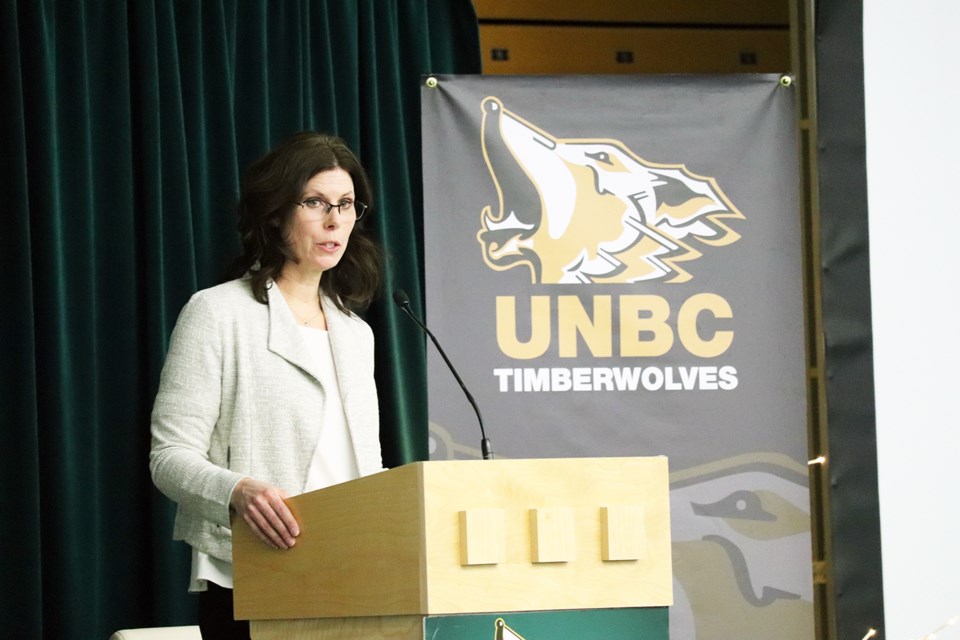 UNBC Director of Athletics and Recreation, Loralyn Murdoch gives opening remarks at the 2019 UNBC Legacy Breakfast. (via Kyle Balzer)