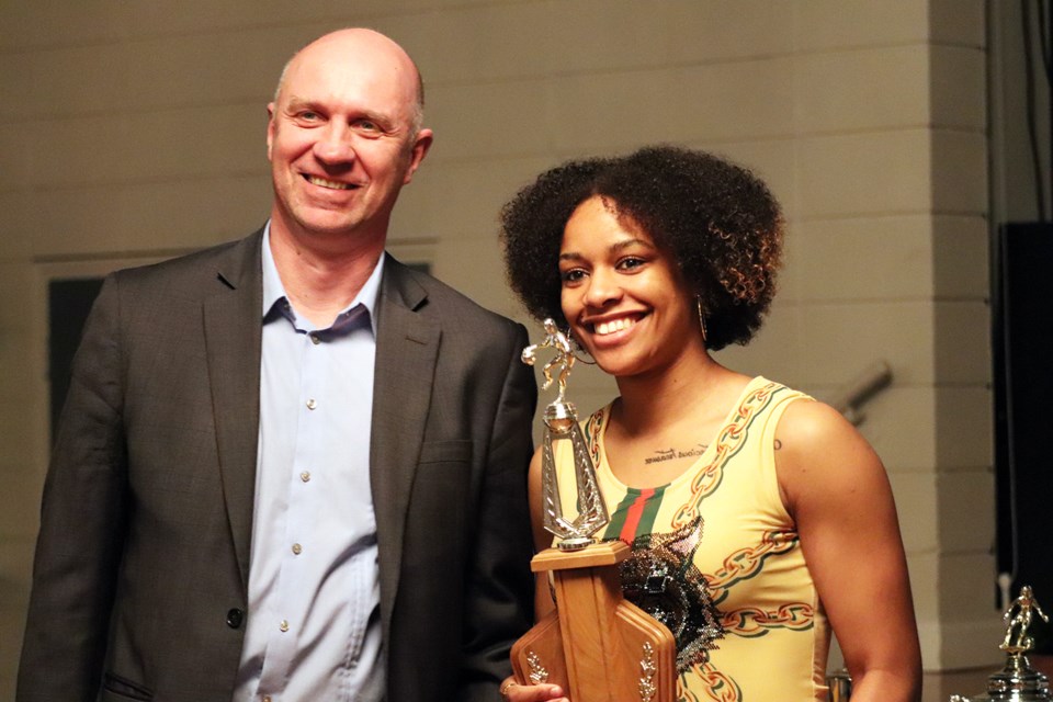 UNBC's 2019 Best Defensive Player for women's basketball presented to Maria Mongomo. (via Kyle Balzer)