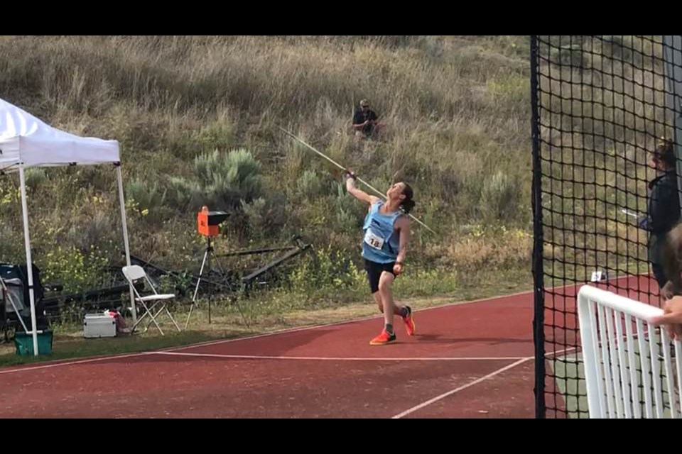 Prince George Track and Field's Linden Spencer puts all his strength into this javelin throw at the 2019 B.C. Club Championships in Kamloops (via Facebook/Heather Spencer)