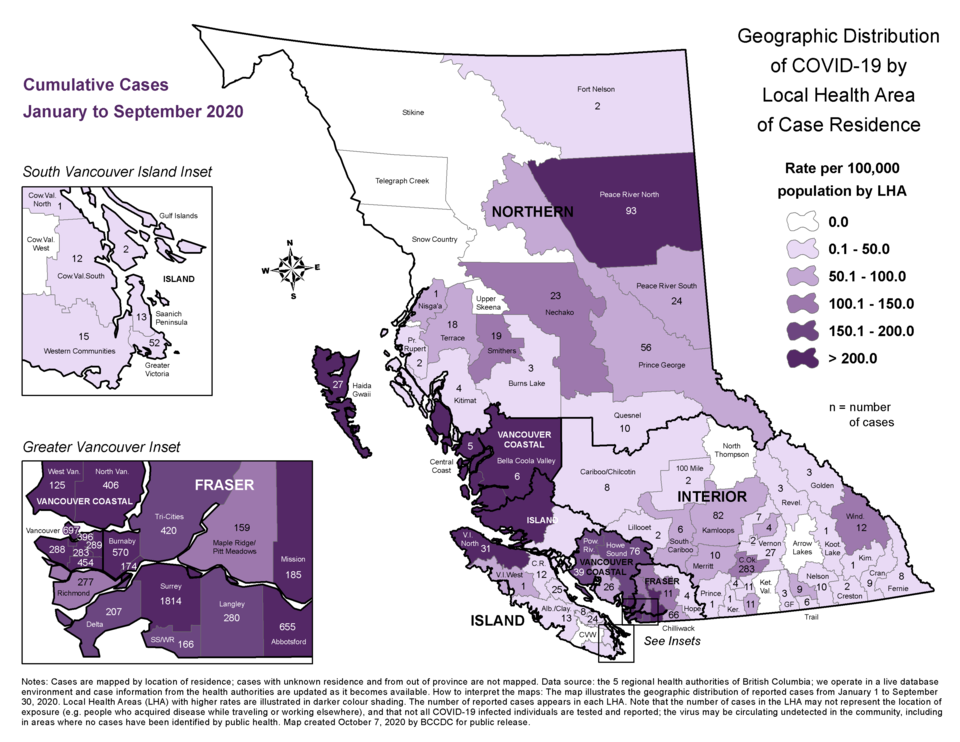 COVID-19 local health area map - Oct. 13, 2020