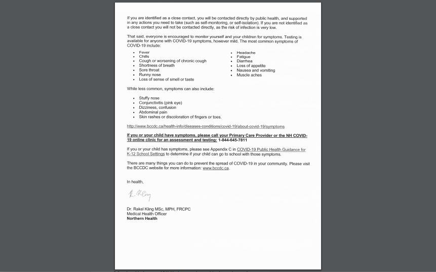 Van Bien exposure parent letter 2 - Nov. 16, 2020