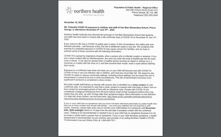 Van Bien exposure parent letter - Nov. 16, 2020