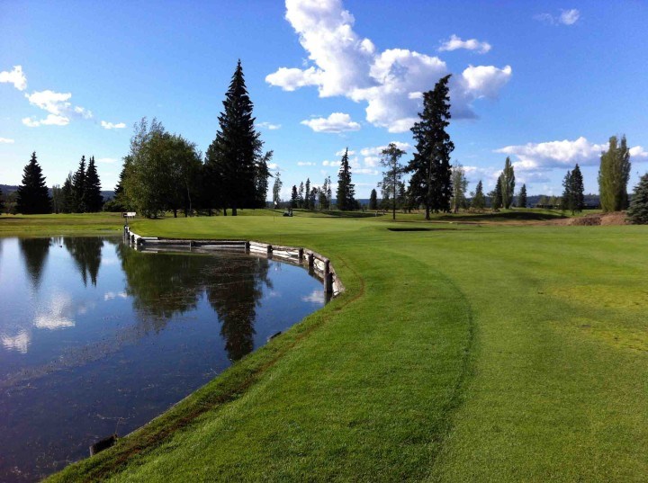 The eighth hole at Prince George Golf & Curling Club is one of the most scenic holes on the course as its green is surrounded by water (via Prince George Golf & Curling Club)