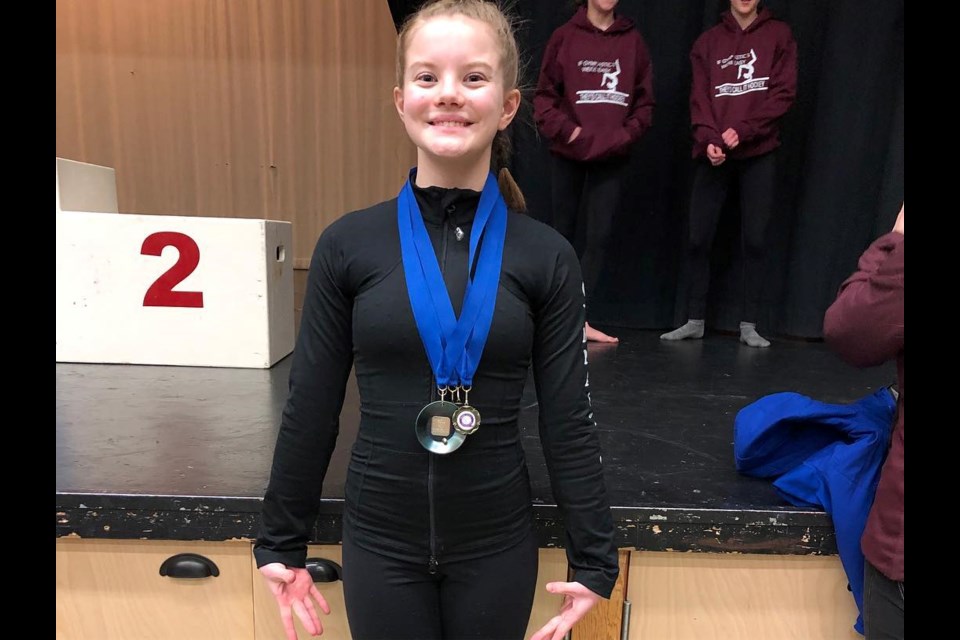 Kaylee Oberg earned all-around gold for her gymnast age group at the 2019 Gold Pan Invitational in Quesnel (via Facebook/PG Gymnastics)