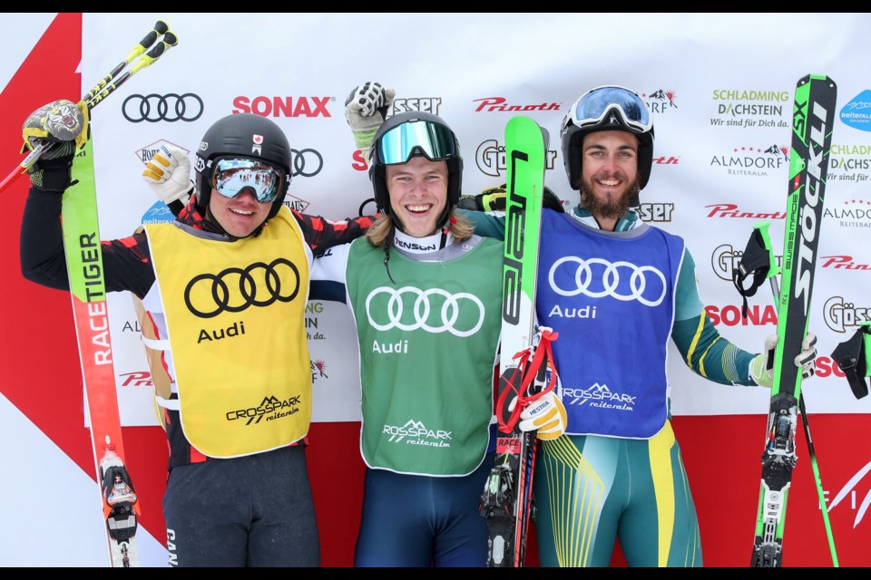 Gavin Rowell (left) of Prince George celebrates with the other medallists after finishing second in the 2019 F.I.S. World Junior Ski Cross Championship in Austria (via Facebook/Alpine Canada)