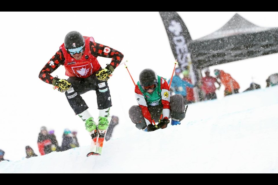 Gavin Rowell of Prince George in a ski cross competition representing Canada. (via Alpine Canada/Malcolm Carmichael)