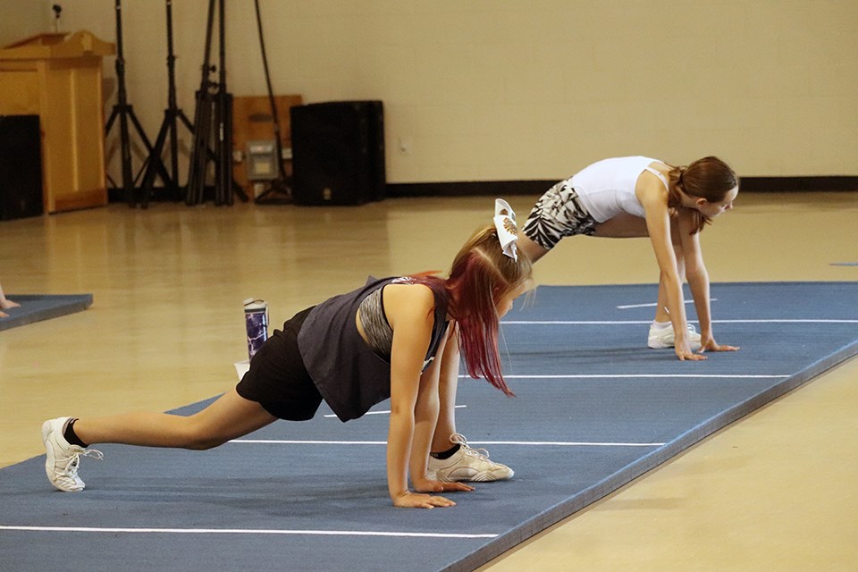 Prince George All-Stars Cheer squad hosting a COVID-19 health and safety appropriate practice in August 2020 with a limited number of its athletes. (via Kyle Balzer, PrinceGeorgeMatters)