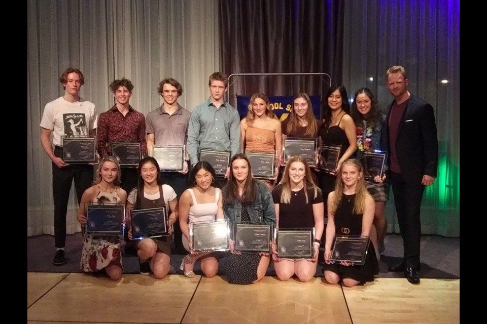 Prince George gymnasts Hanna Piddocke, Alia Wilson and Dallyn Long pose with their respective bursaries after the 2020 BC High School Championships in Victoria. (via Prince George Gymnastics Club)
