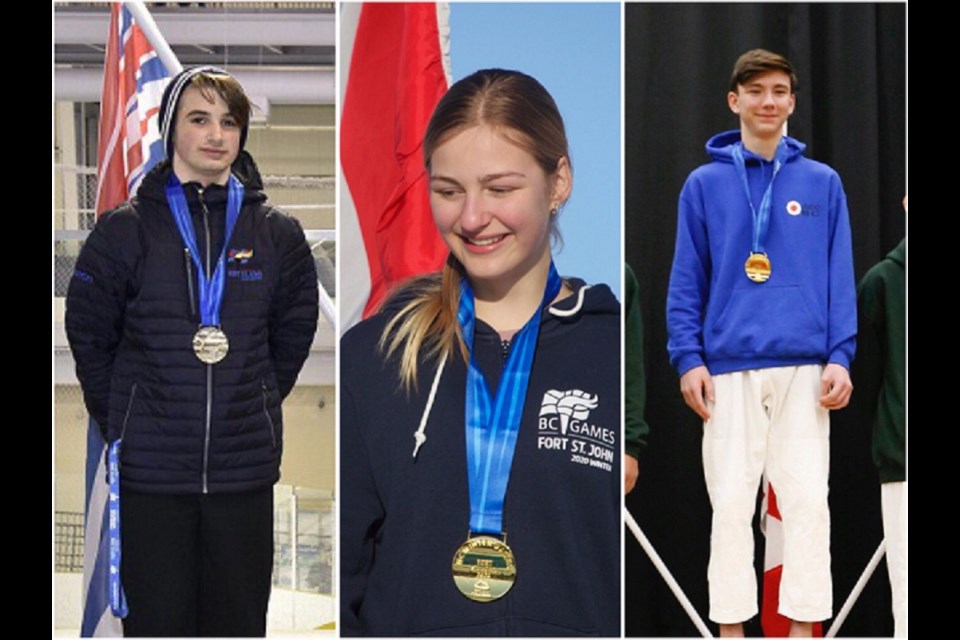 [From left to right] Speedskater Benjamin Konwicki, biathlete Payton Sinclair and Judoka Ethan Boxtart stand on the podium for Prince George at the 2020 B.C. Winter Games in Fort St. John. (via Flickr/B.C. Games)