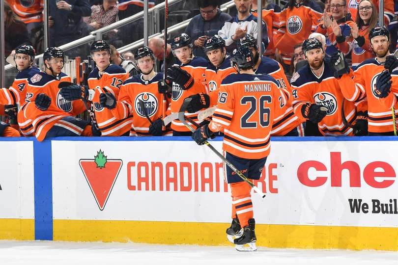 Brandon Manning (#26) celebrates his first goal for the Edmonton Oilers against Carolina on Jan. 20, 2019 (via NHL)