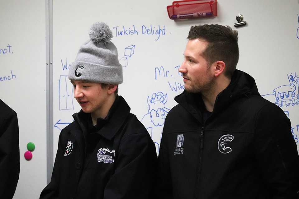Alex Ochitwa (left) was one of many Cariboo Cougars that went into David Hoy Elementary School ahead of the 2020 BC Winter Classic in Fort St. James. (via Kyle Balzer)