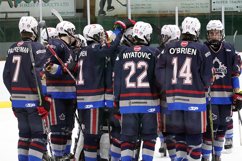 Cariboo Cougars celebrate a win against the Vancouver North West Hawks at the Fort Forum in Fort St. James (via Kyle Balzer)