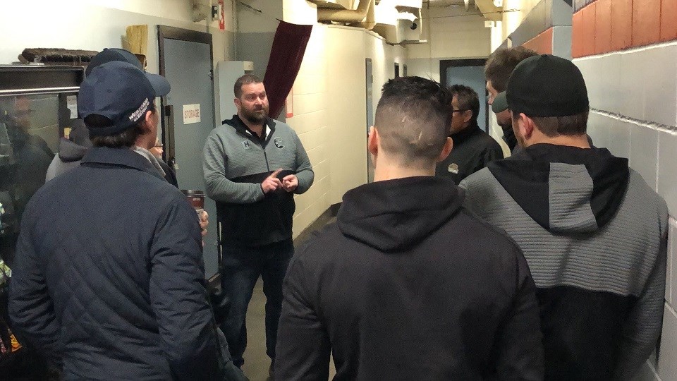 Cariboo Hockey General Manager Trevor Sprague talks to his coaches about the BC Hockey postponement due to COVID-19 in March 2020. (via Kyle Balzer)