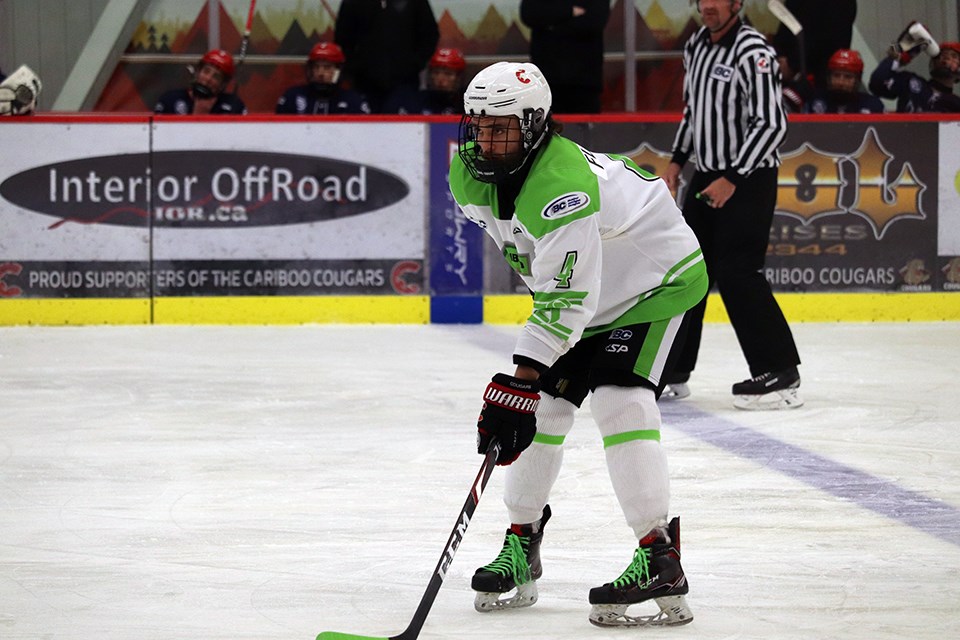 Ethan Floris (#4) of the Cariboo Cougars against the Greater Vancouver Canadians on Mental Health Awareness Night (via Kyle Balzer)