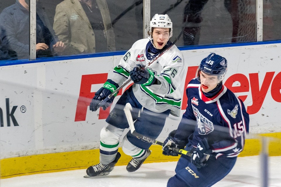 Prince George's Nico Myatovic (#26) made the most of his WHL debut with the Seattle Thunderbirds, scoring two goals in a 4-2 win over Tri-City on April 13, 2021.