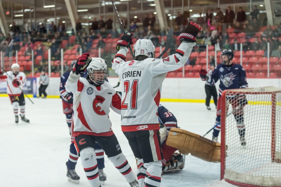 Fischer O'Brien (#21) celebrates a goal in front of the Kin Centre crowd against the Greater Vancouver Canadians in a 2019 playoff game (via Cariboo Cougars)