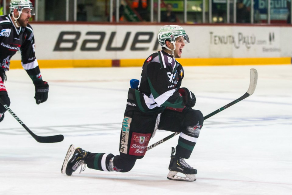 Prince George's Chase Witala celebrates a goal while playing in Germany's third-tier professional hockey league (via Rosenheim Starbulls)