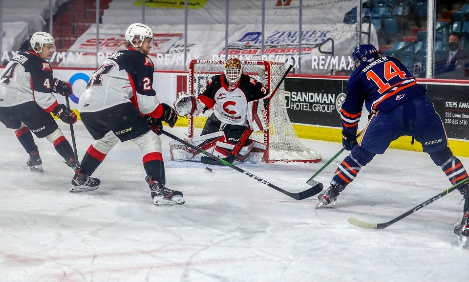 Prince George Cougars' Taylor Gauthier (#35) gets into position to try a stop a shot from the Kamloops Blazers in the 2020-21 B.C. Division hub season.